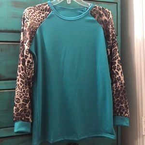 Turquoise and leopard long sleeve shirt